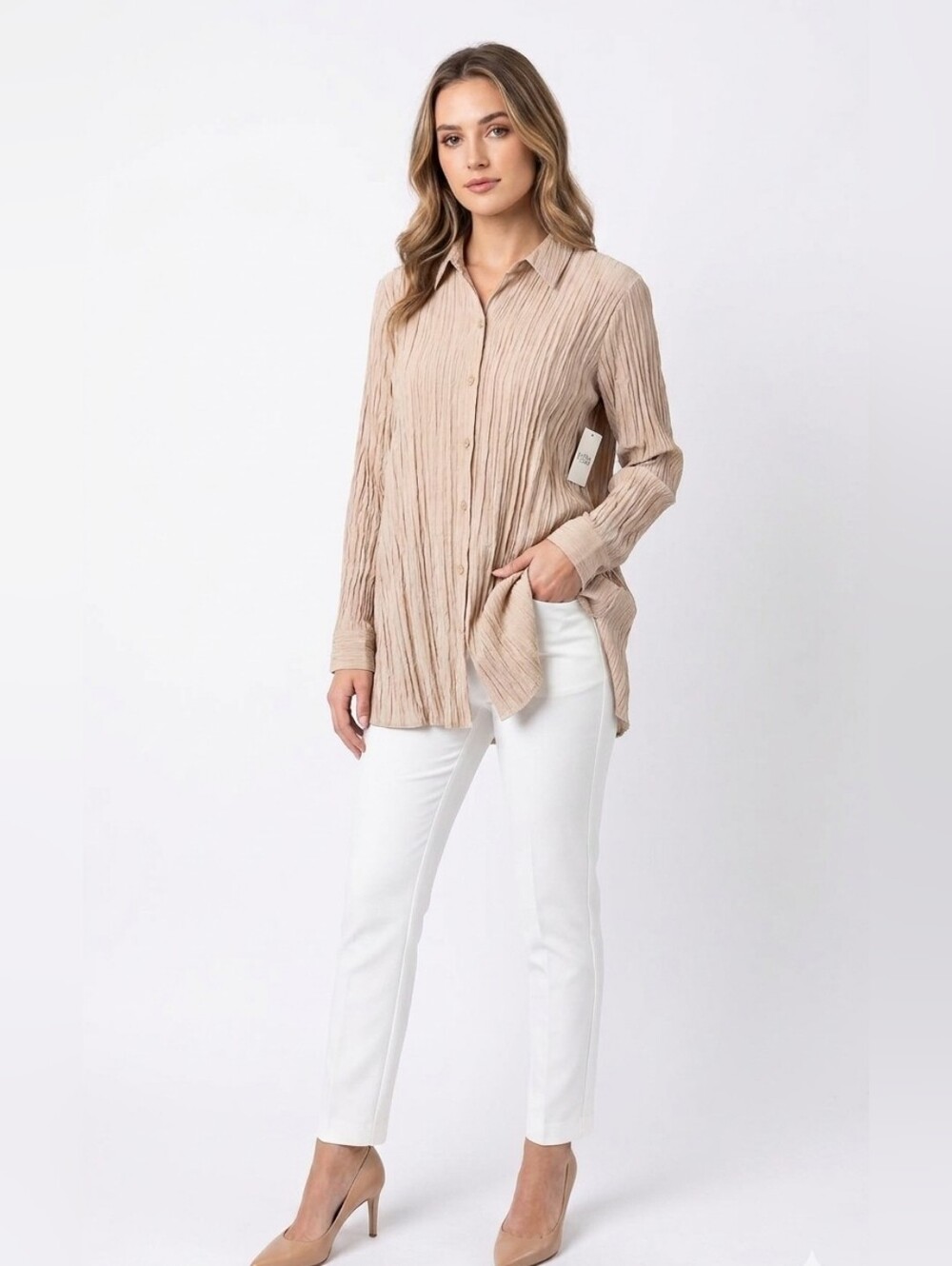 NWT Eileen Fisher Crinkled Silk Georgette Crepe Button Down Shirt - Size M